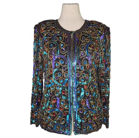 Laurence Kazar Jackets & Blazers - Vintage Laurence Kazar Silk Sequin Beaded Jacket Black Multicolor Size L